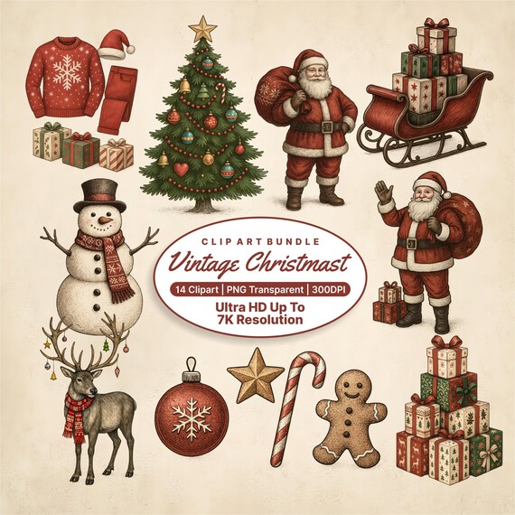 Vintage Christmas Clipart Bundle Santa Tree Snowman 14 Piece Print