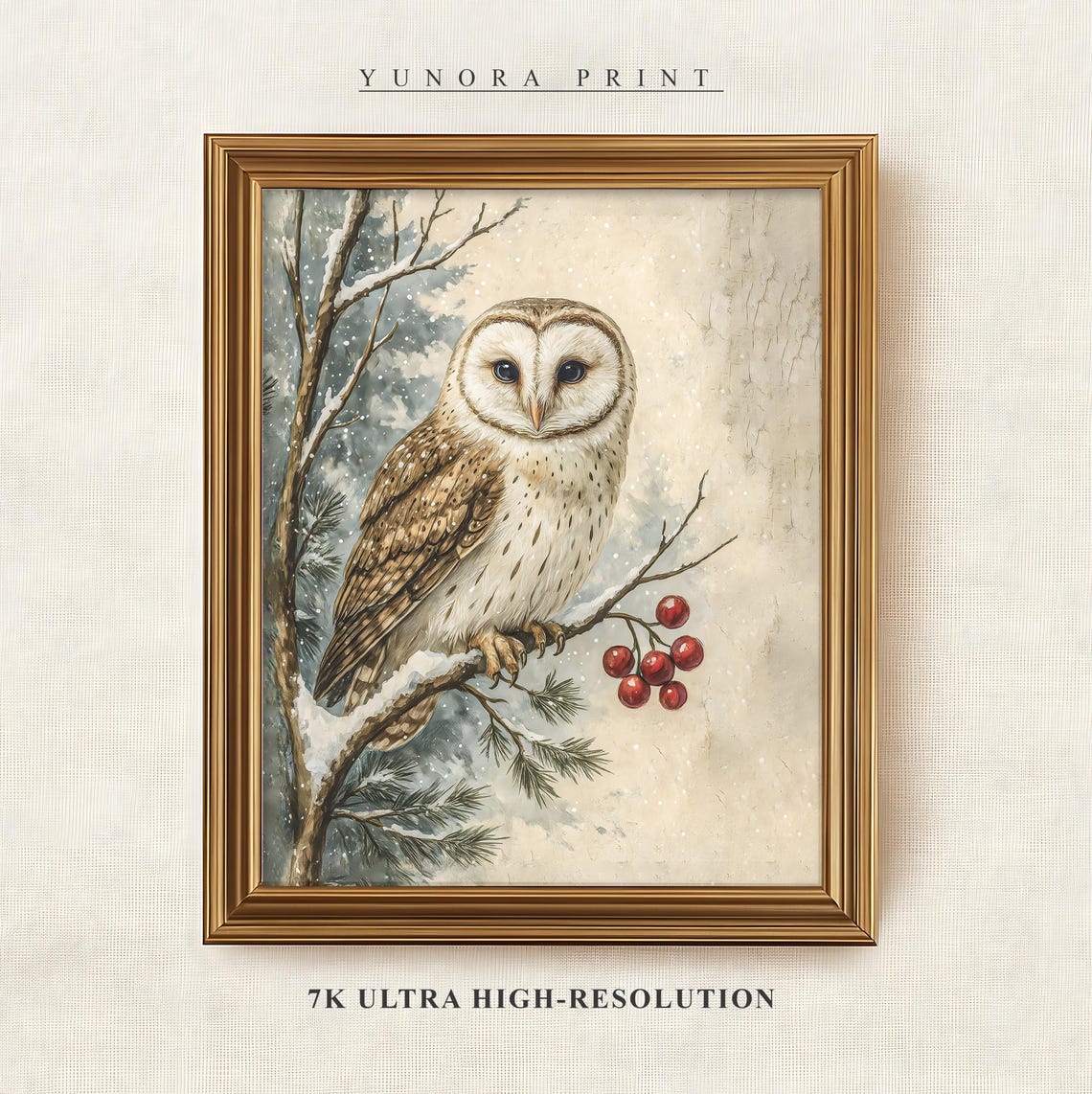 Winter Owl Snowy Branch Watercolor Rustic Christmas Bird Art Poster