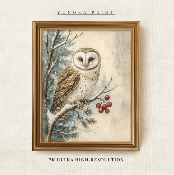 Winter Owl Snowy Branch Watercolor Rustic Christmas Bird Art Poster
