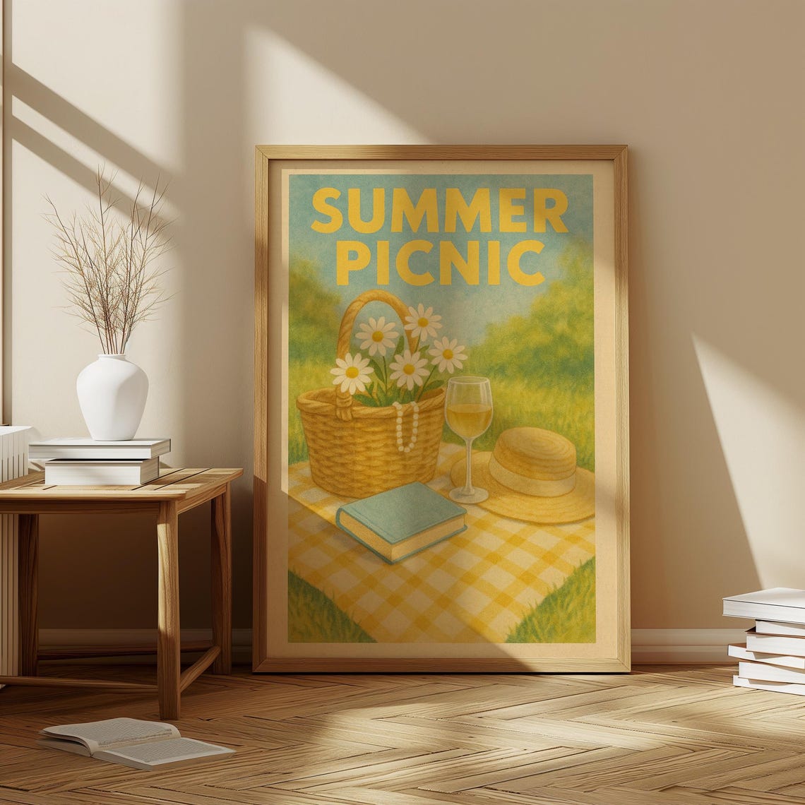 Summer Picnic Basket Daisies Wine Glass Retro Vintage Style Print