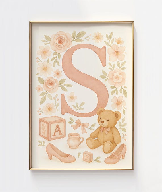 Letter S Initial Print Girly Pastel Nursery Decor