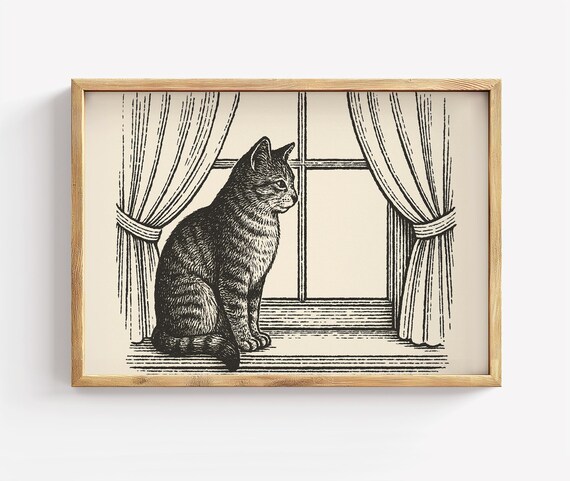 Cat On Windowsill Vintage Sketch Cozy Window Feline Art Poster