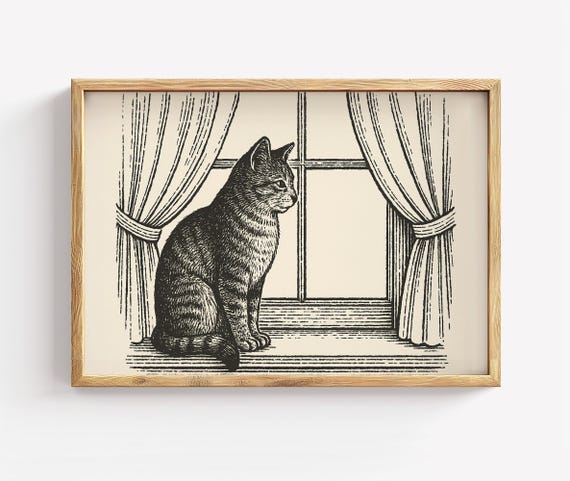 Minimalist Cat Line Art Print Vintage Window Decor