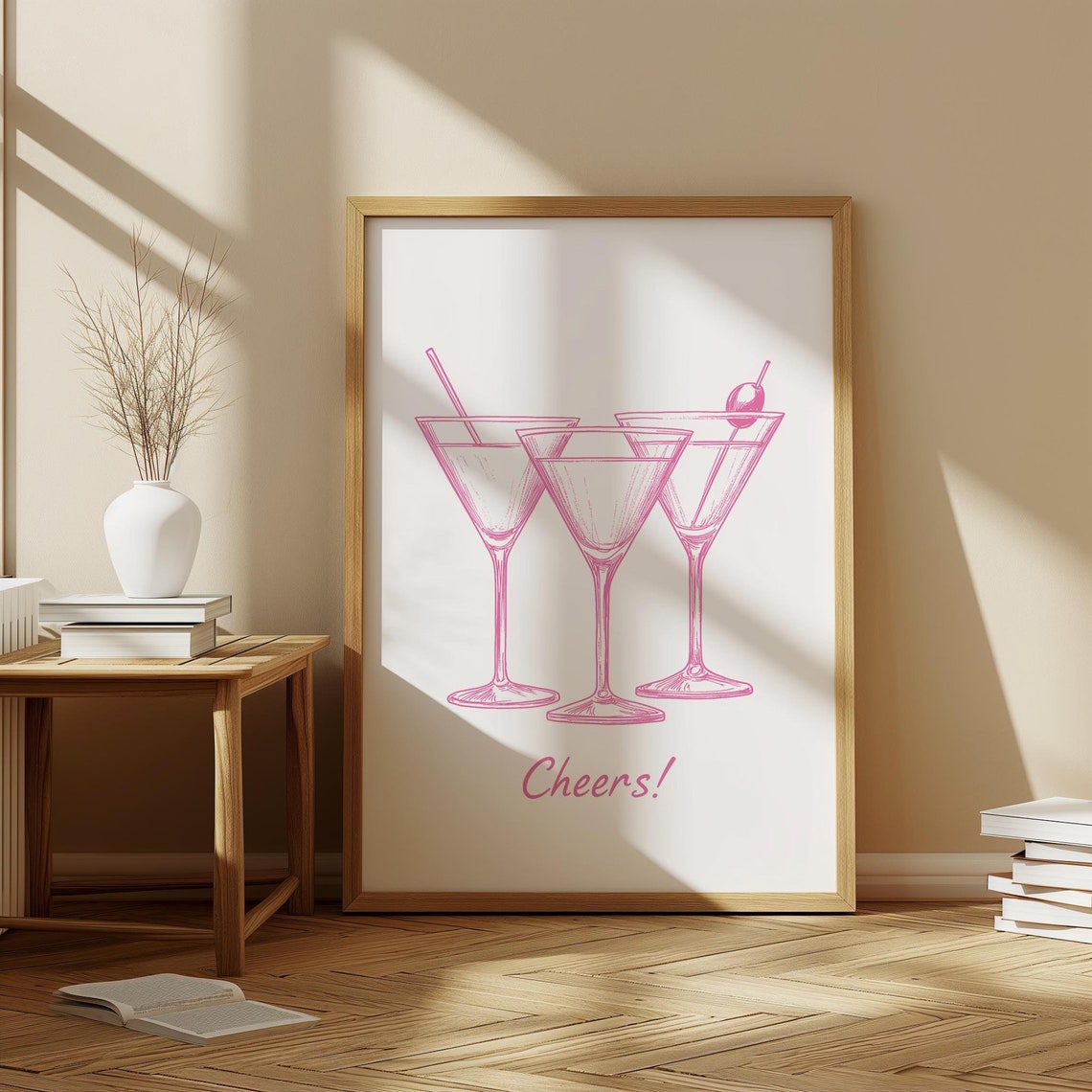Cheers Pink Cocktail Martini Glasses Line Drawing Bar Wall Poster