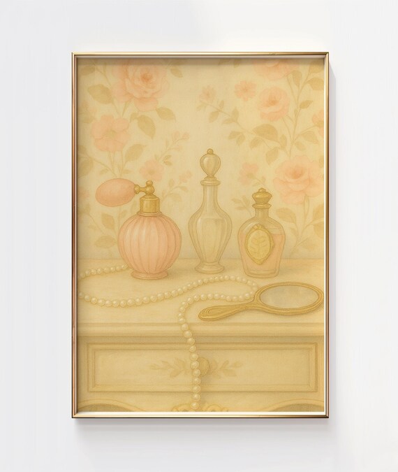 Vintage Perfume Bottles Pearls Vanity Feminine Floral Art Poster
