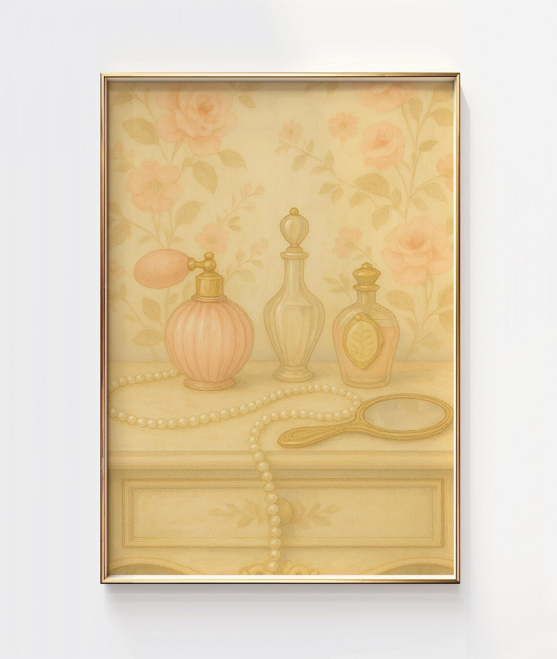 Vintage Perfume Bottles Pearls Vanity Feminine Floral Art Poster