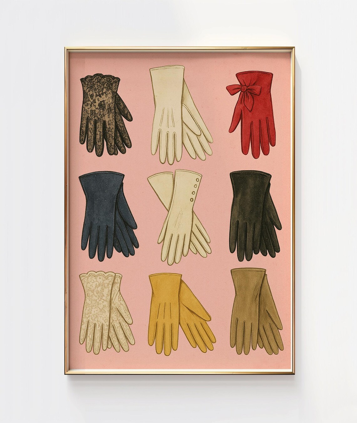 Vintage Gloves Collection Pink Retro Fashion Illustration Wall Art