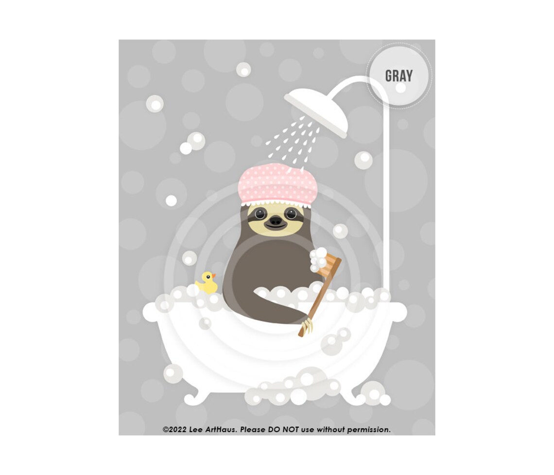Sloth Wearing Pink Shower Cap Bubble Bath Tub Cute Bathroom Decor Poster - Image 2