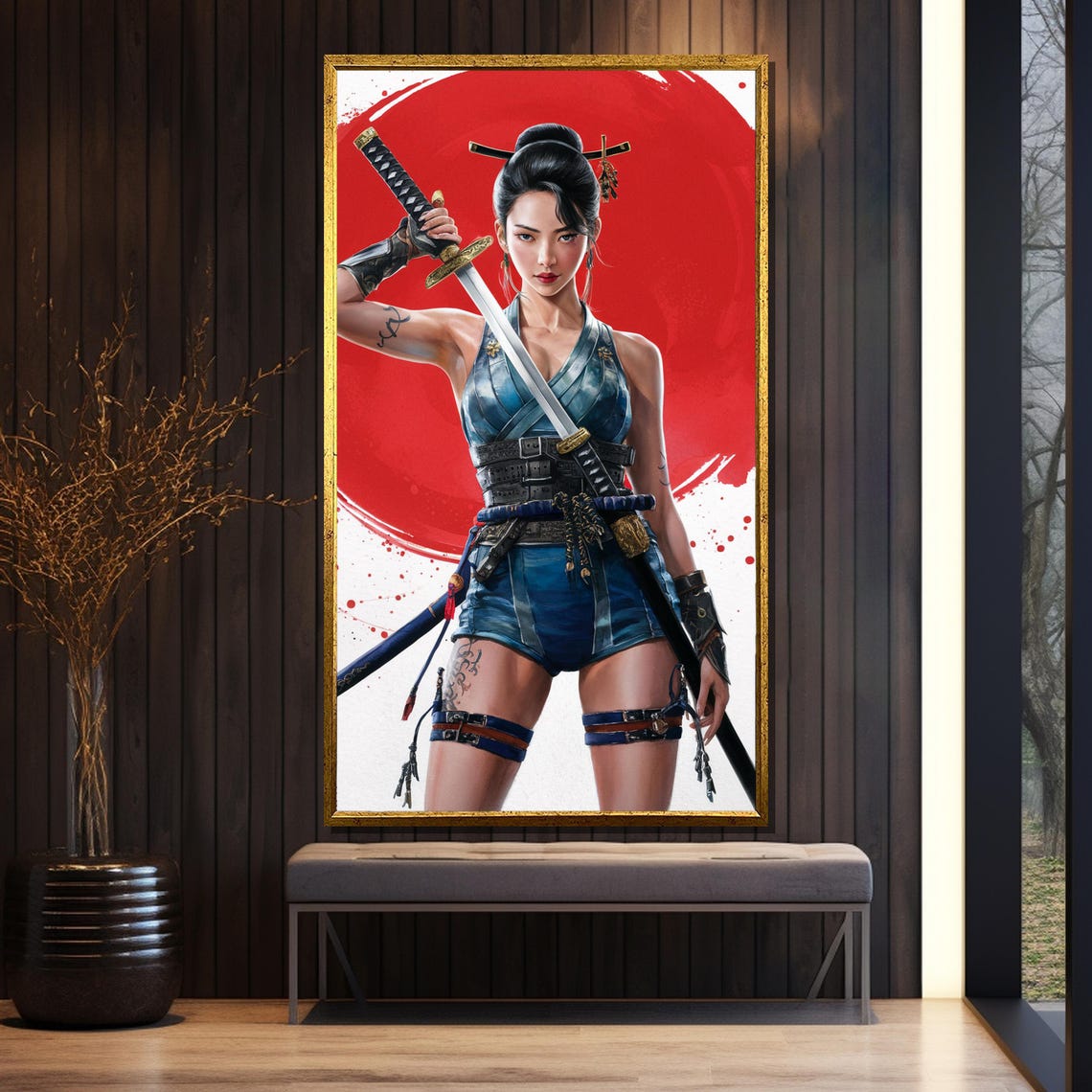 Fierce Female Samurai Warrior with Katana on Blazing Red Sun Poster - Image 5