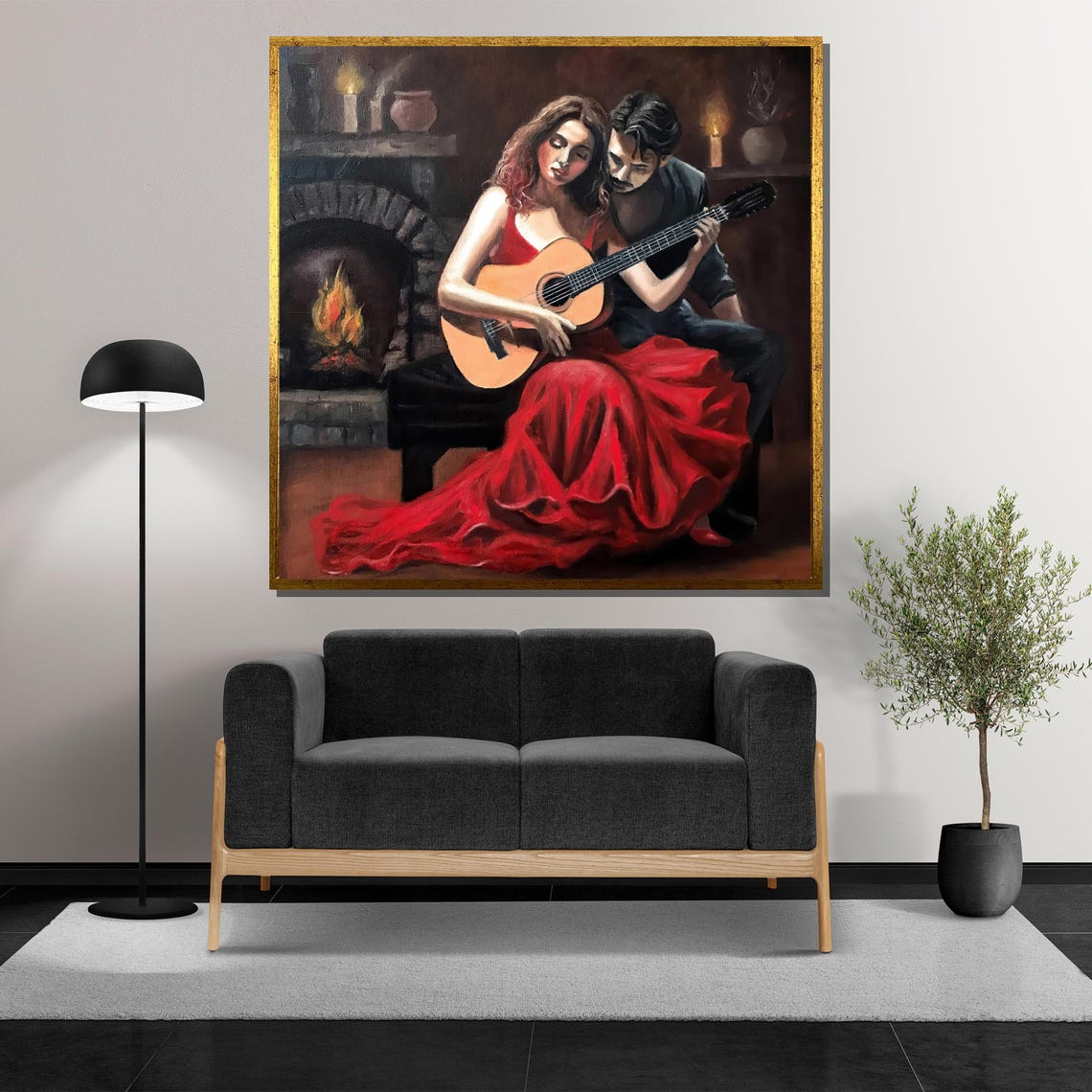 Intimate Fireplace Serenade Guitar Lovers in Red Gown Poster - Image 5