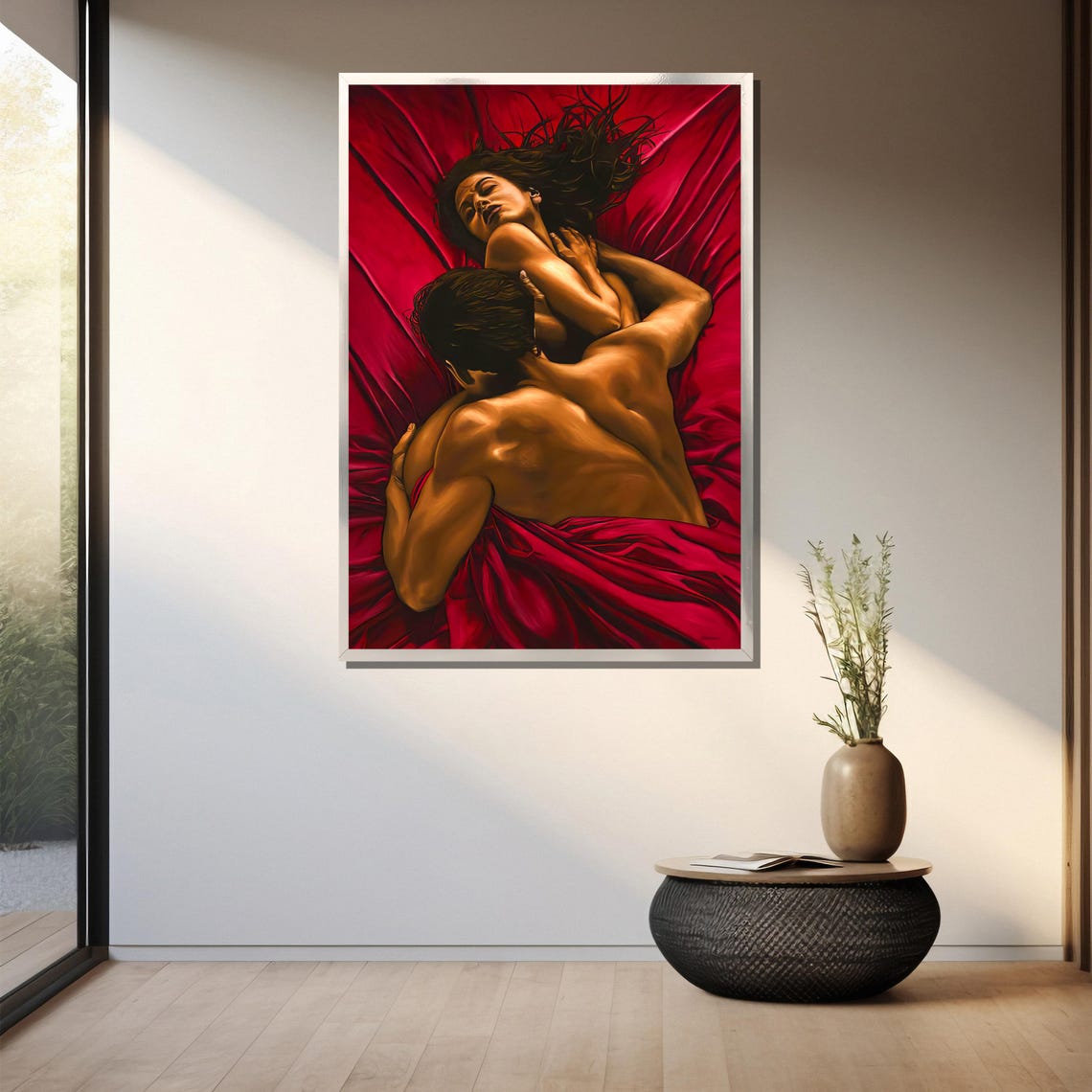 Passionate Couple Embracing On Flowing Crimson Satin Sheets Poster - Image 3