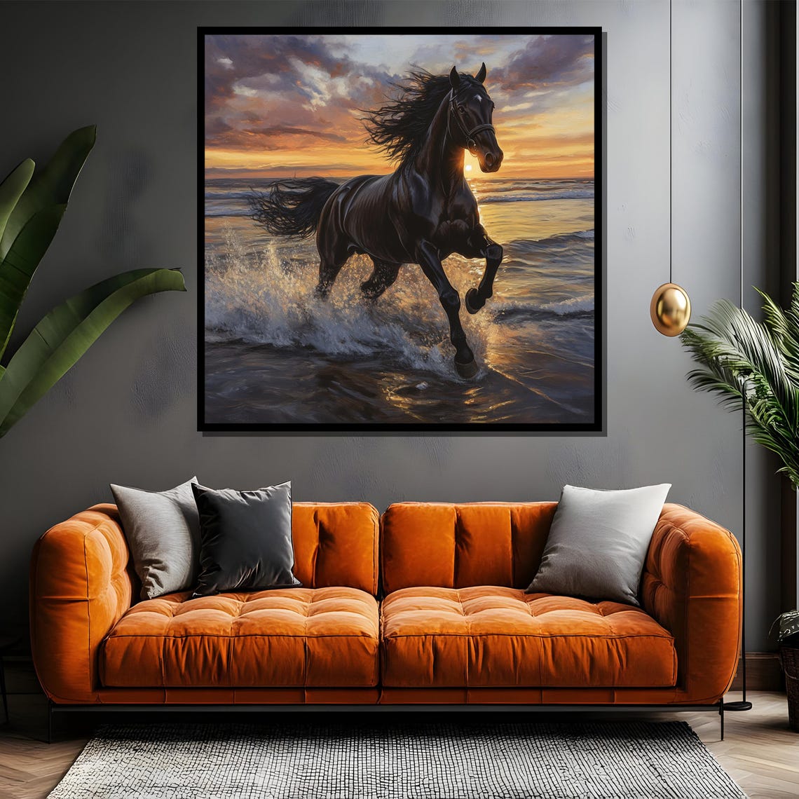 Black Horse Galloping Through Ocean Waves at Golden Sunset Poster - Image 4