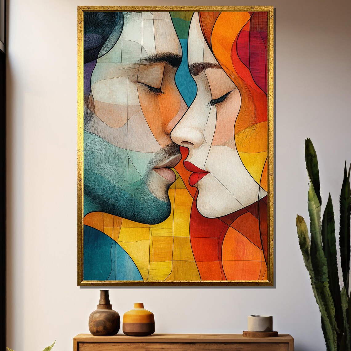 Abstract Couple Kiss in Stained Glass Warm Red and Teal Poster