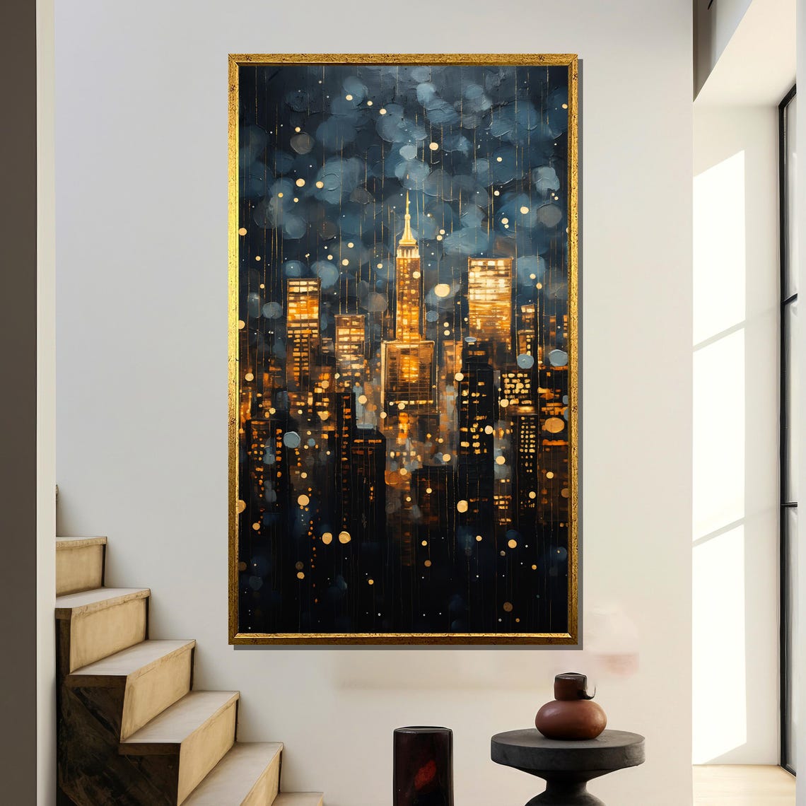 Golden Manhattan Skyline at Night Abstract City Lights Poster