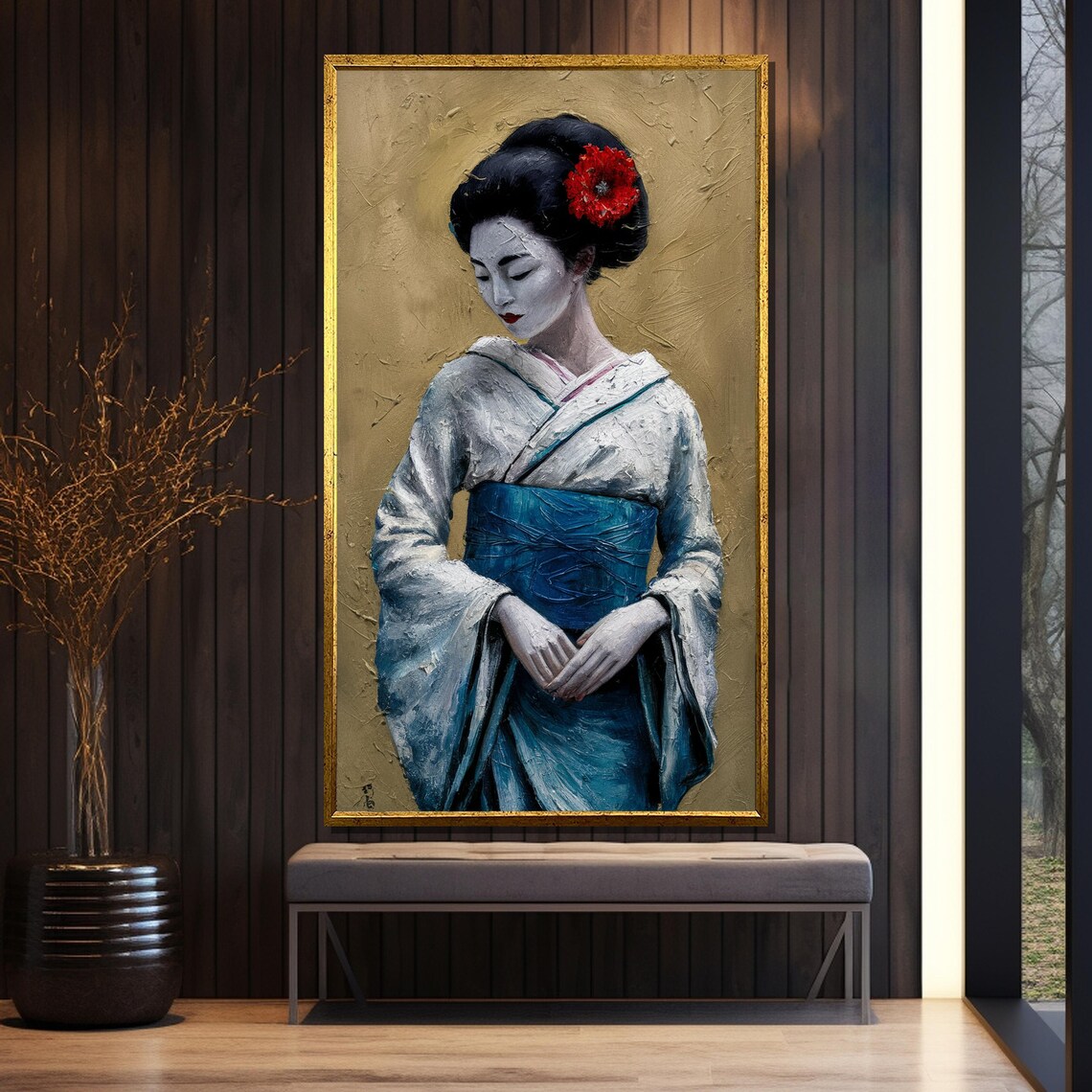 Graceful Geisha with Red Flower on Textured Gold Leaf Poster - Image 5