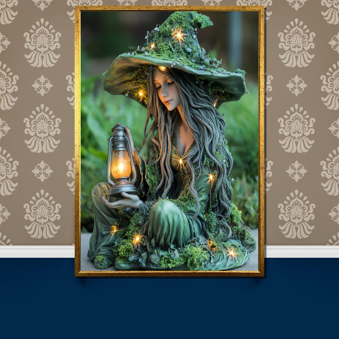 Moss-Covered Witch Statue Holding Glowing Lantern in Forest Poster