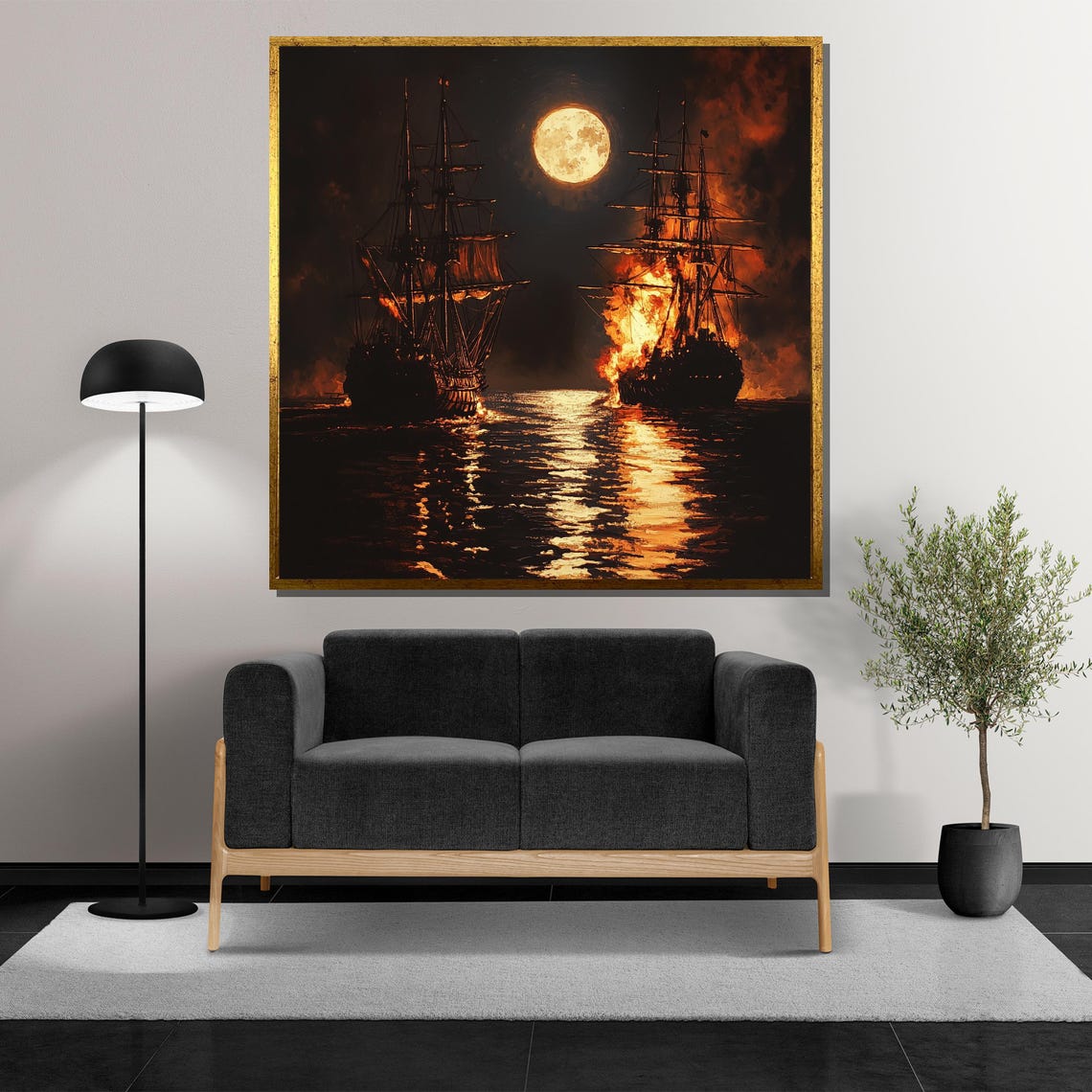 Dramatic Moonlit Sea Battle Painting Tall Ships In Conflict Fire And Moonlight Scene Perfect Nautical Art Gift For History Lovers - Image 5