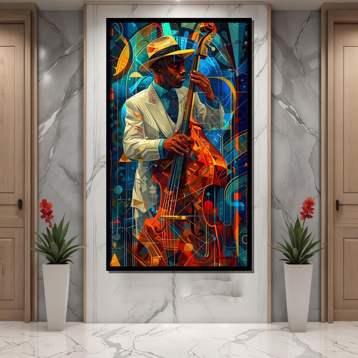 Vibrant Art Deco Jazz Double Bassist Musician Portrait Poster - Image 4