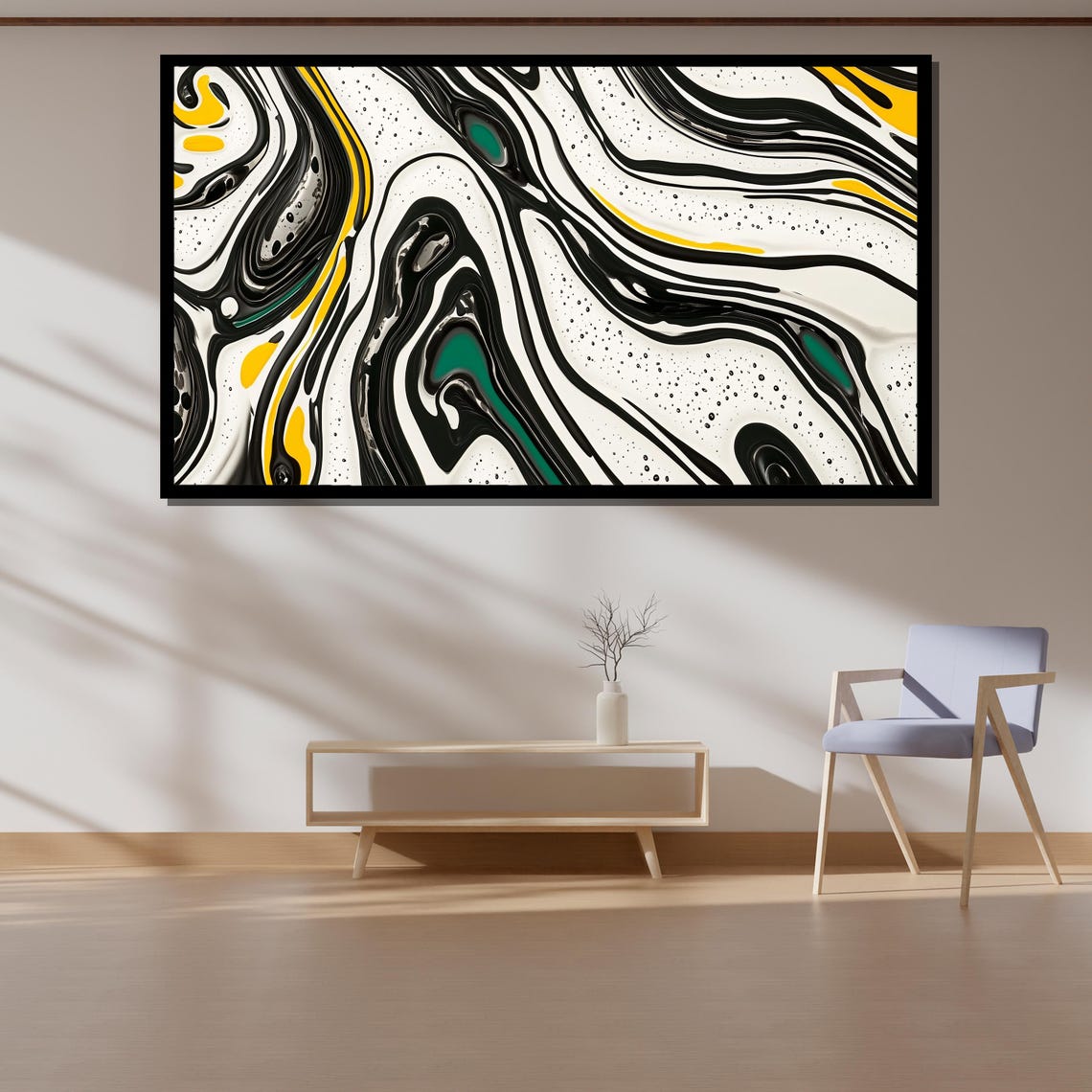 Black White Yellow Green Fluid Swirl Modern Abstract Decor Poster - Image 4