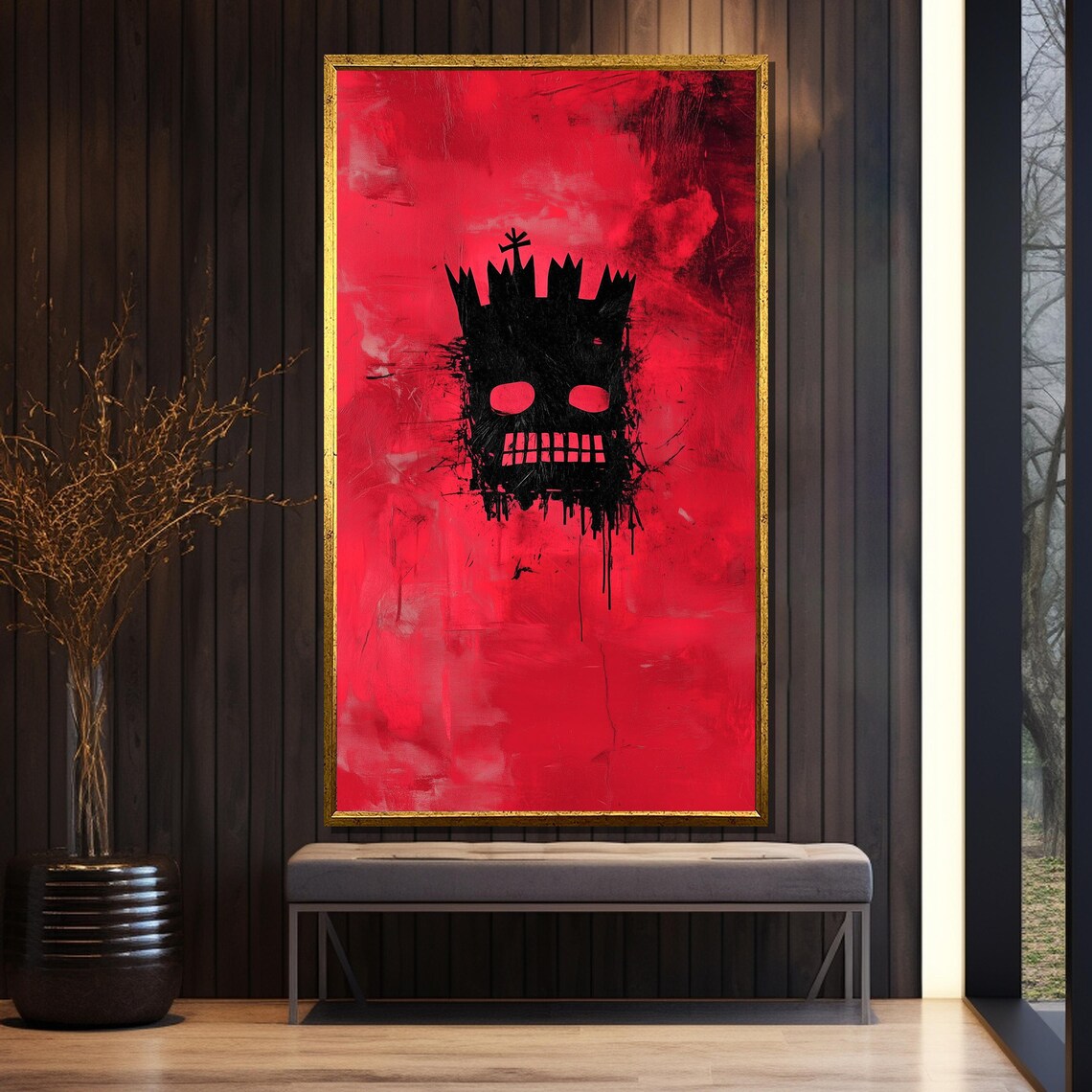 Minimalist Crowned Skull Black Ink On Vivid Red Background Poster - Image 5
