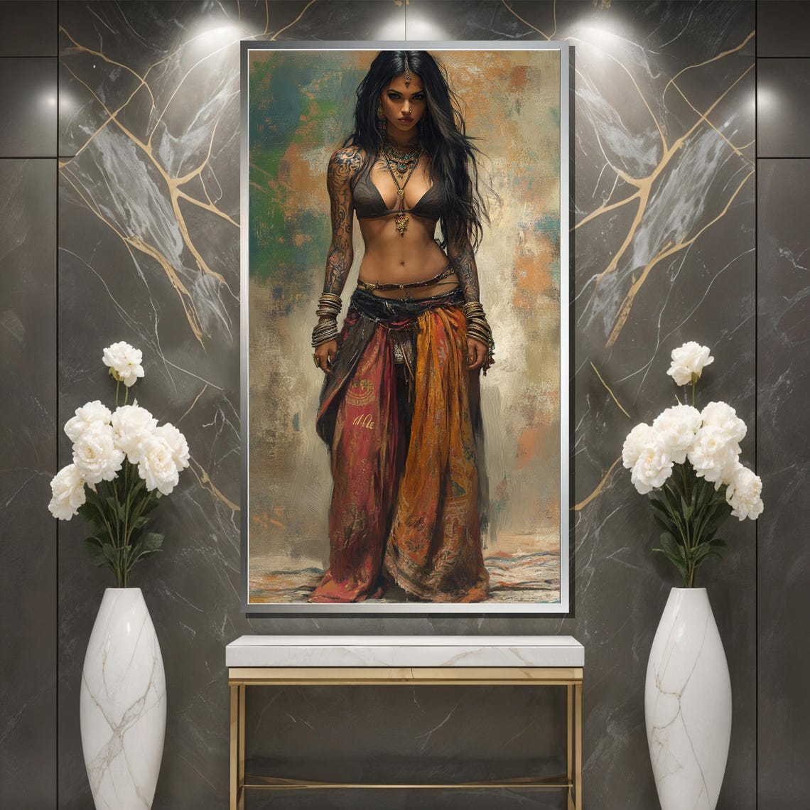 Bold Ethnic Beauty Painting Full Body Indian Woman In Vibrant Traditional Attire Perfect Cultural Art Gift - Image 3