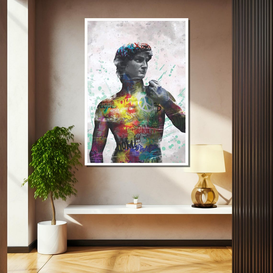 Michelangelo David Bust Covered In Colorful Graffiti Splashes Poster - Image 2