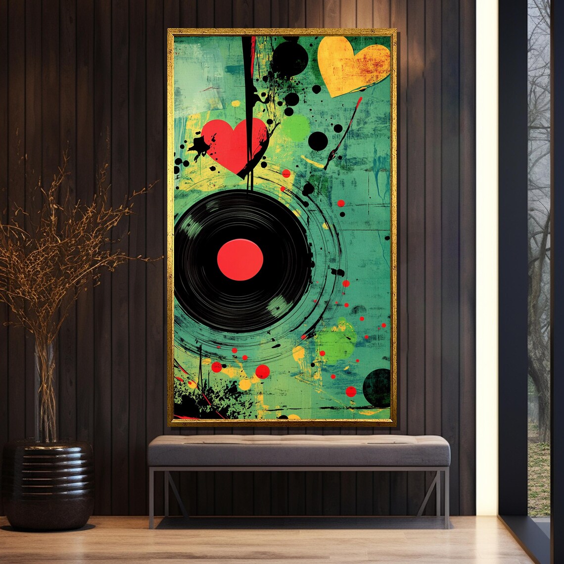 Vinyl Record with Hearts in Teal Street Art for Music Lovers Poster - Image 5