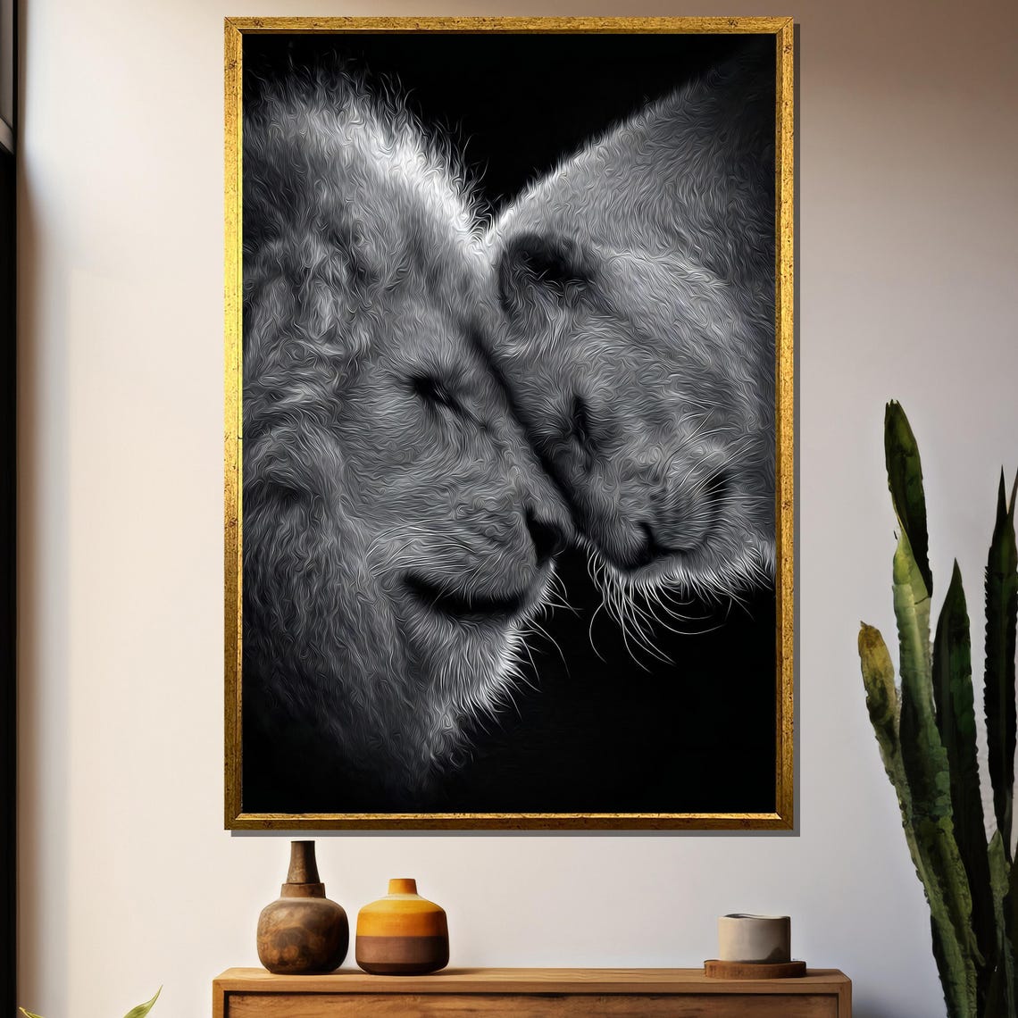 Nuzzling Lion Pair In Black And White Intimate Wildlife Art Poster