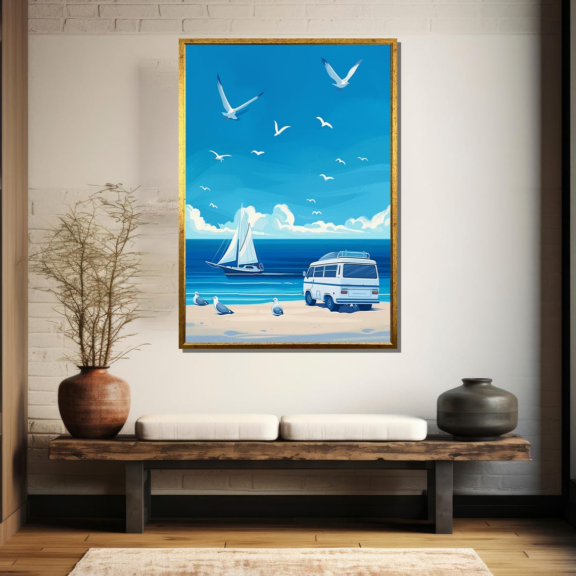 Beach Campervan With Sailboat And Soaring Seagulls Art Poster - Image 5