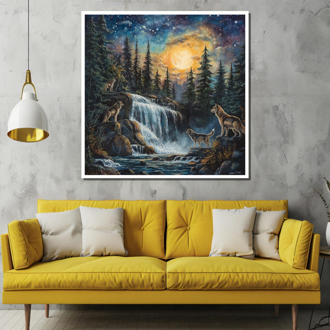 Wolf Pack by Moonlit Waterfall Under Starry Night Sky Painting Poster - Image 2
