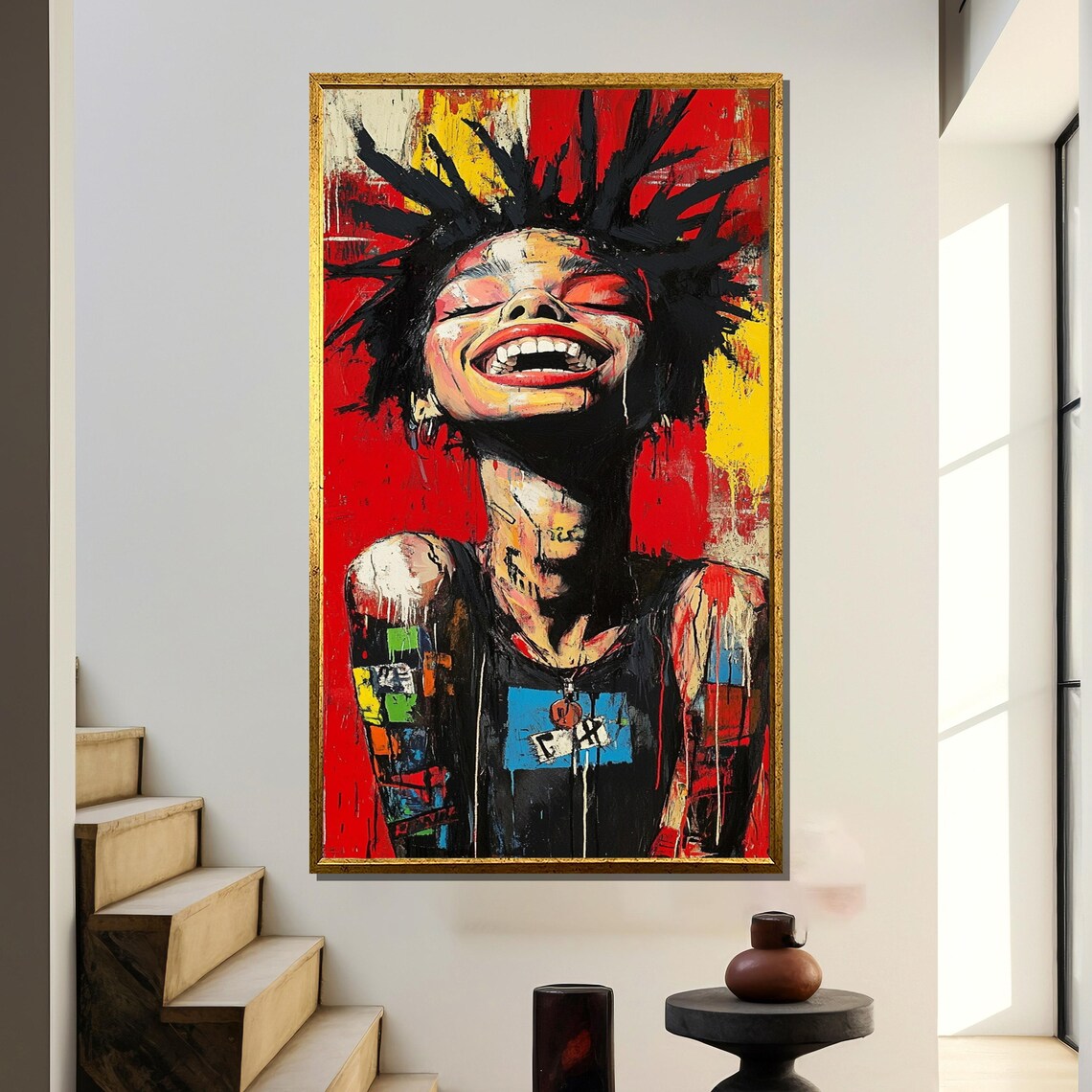 Laughing Punk Girl with Spiky Hair in Red and Yellow Street Art Poster
