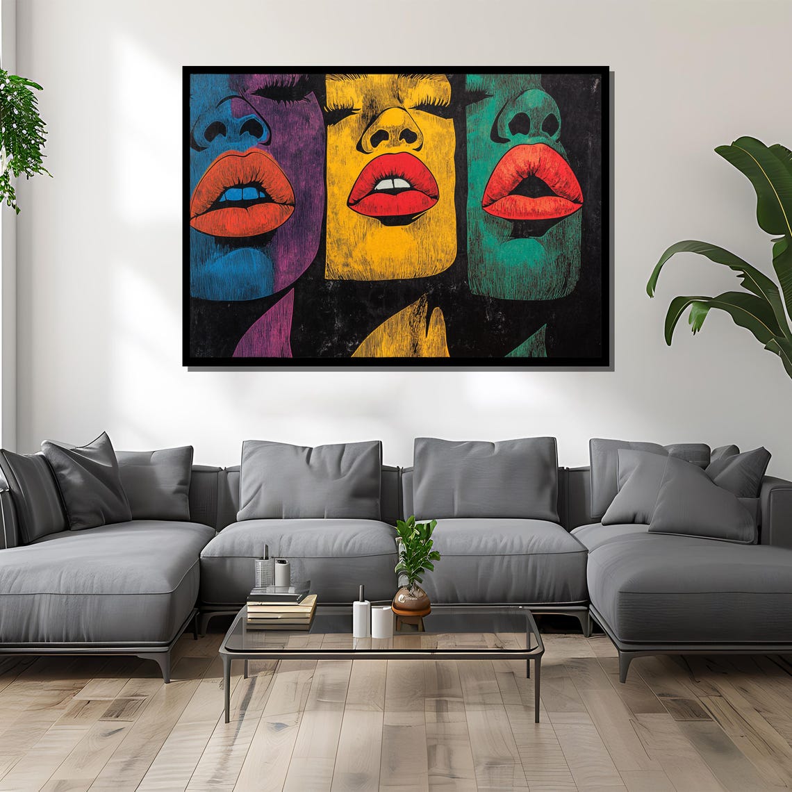 Pop Art Trio Of Faces With Bold Red Lips In Bright Colors Poster - Image 4