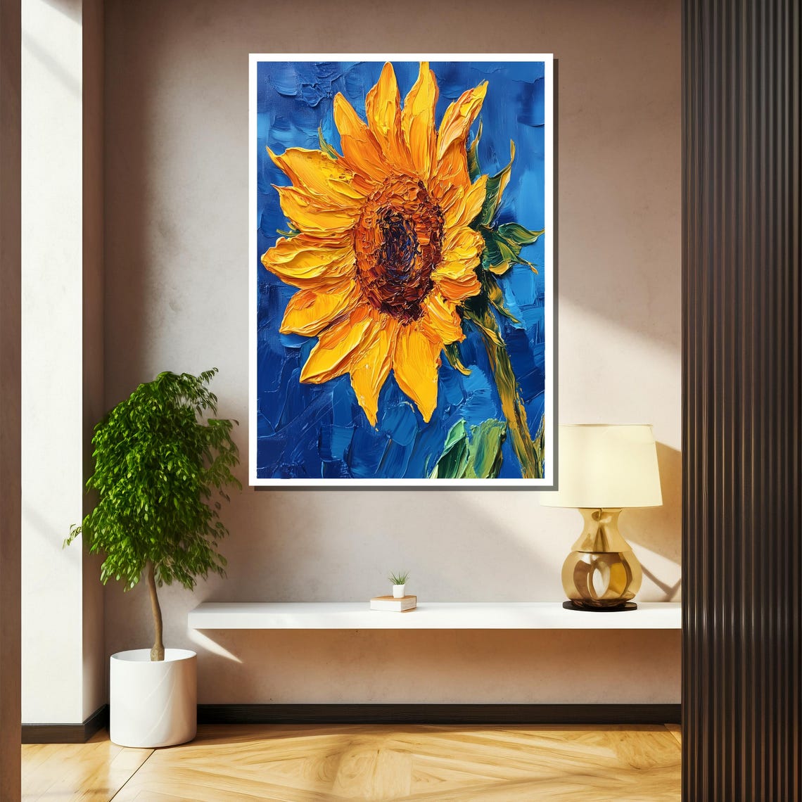 Single Sunflower Painted In Thick Impasto On Vivid Blue Poster - Image 2