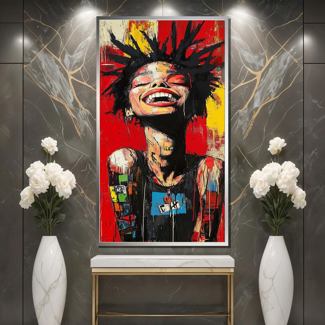 Laughing Punk Girl with Spiky Hair in Red and Yellow Street Art Poster - Image 3