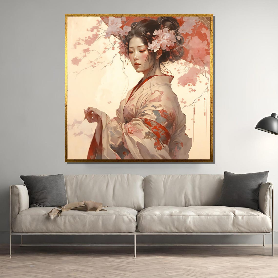Serene Geisha in Cherry Blossom Kimono Soft Floral Art Poster
