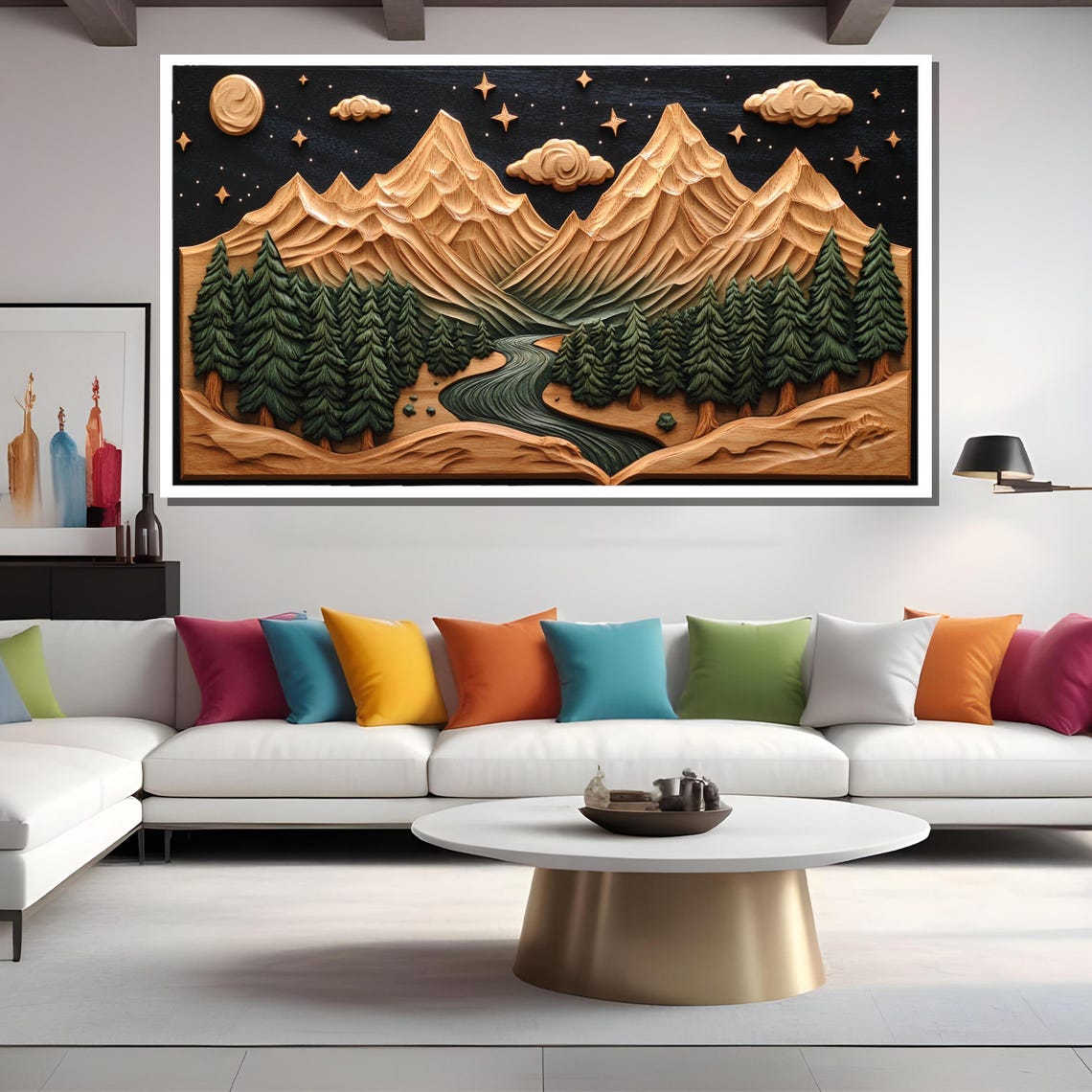 Starlit Mountain River Wood Carving Forest Landscape Gift For Rustic Home Decor - Image 2
