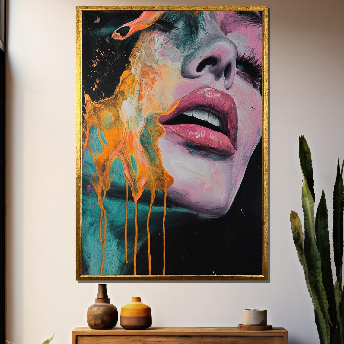 Surreal Melting Woman Face With Pink Lips Dripping Paint Poster