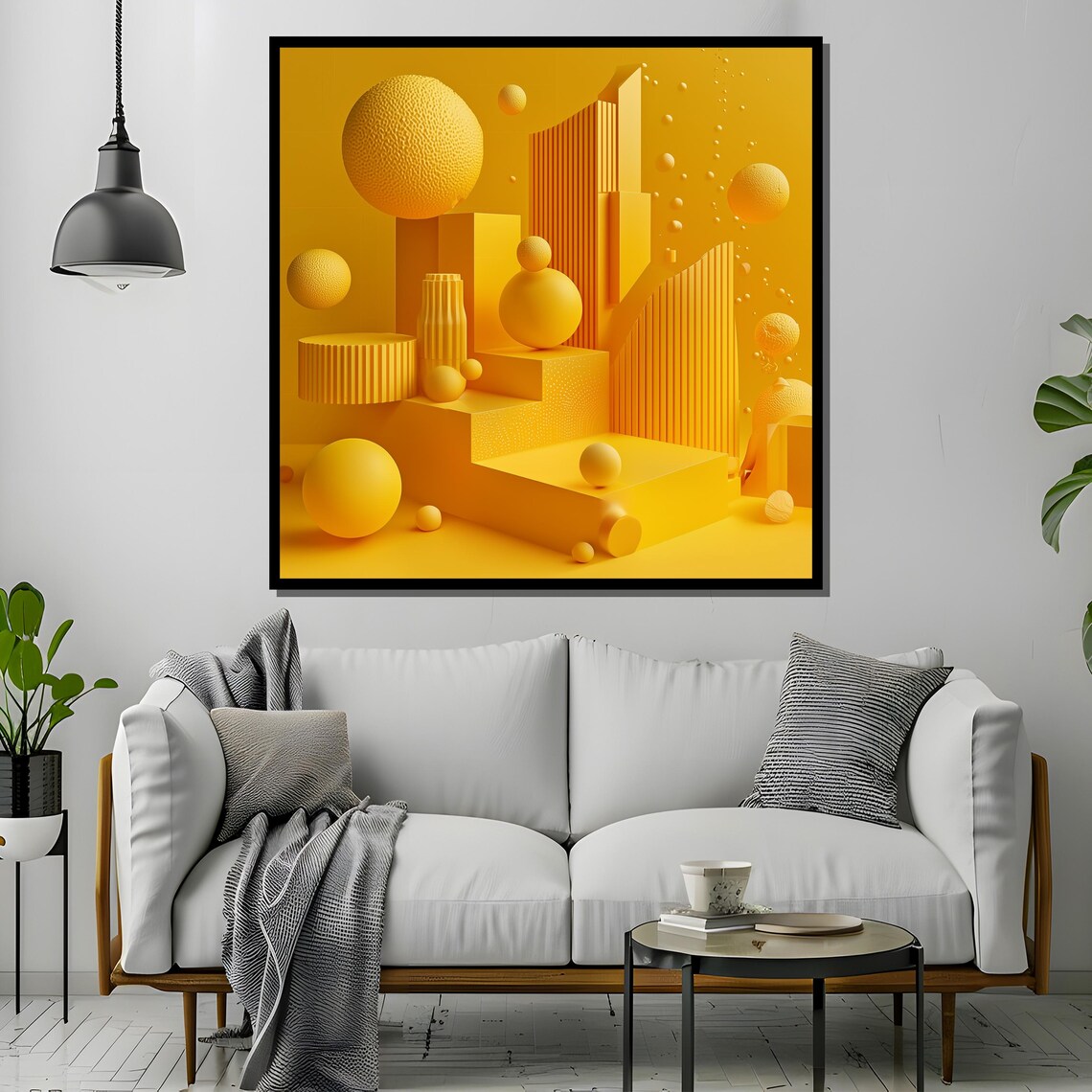 Monochrome Yellow 3D Geometric Cityscape Spheres Towers Poster - Image 4