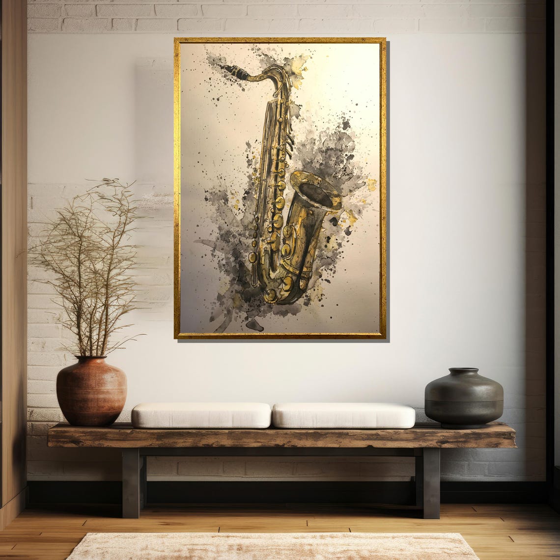Golden Saxophone Watercolor With Ink Splashes Painting Poster - Image 5