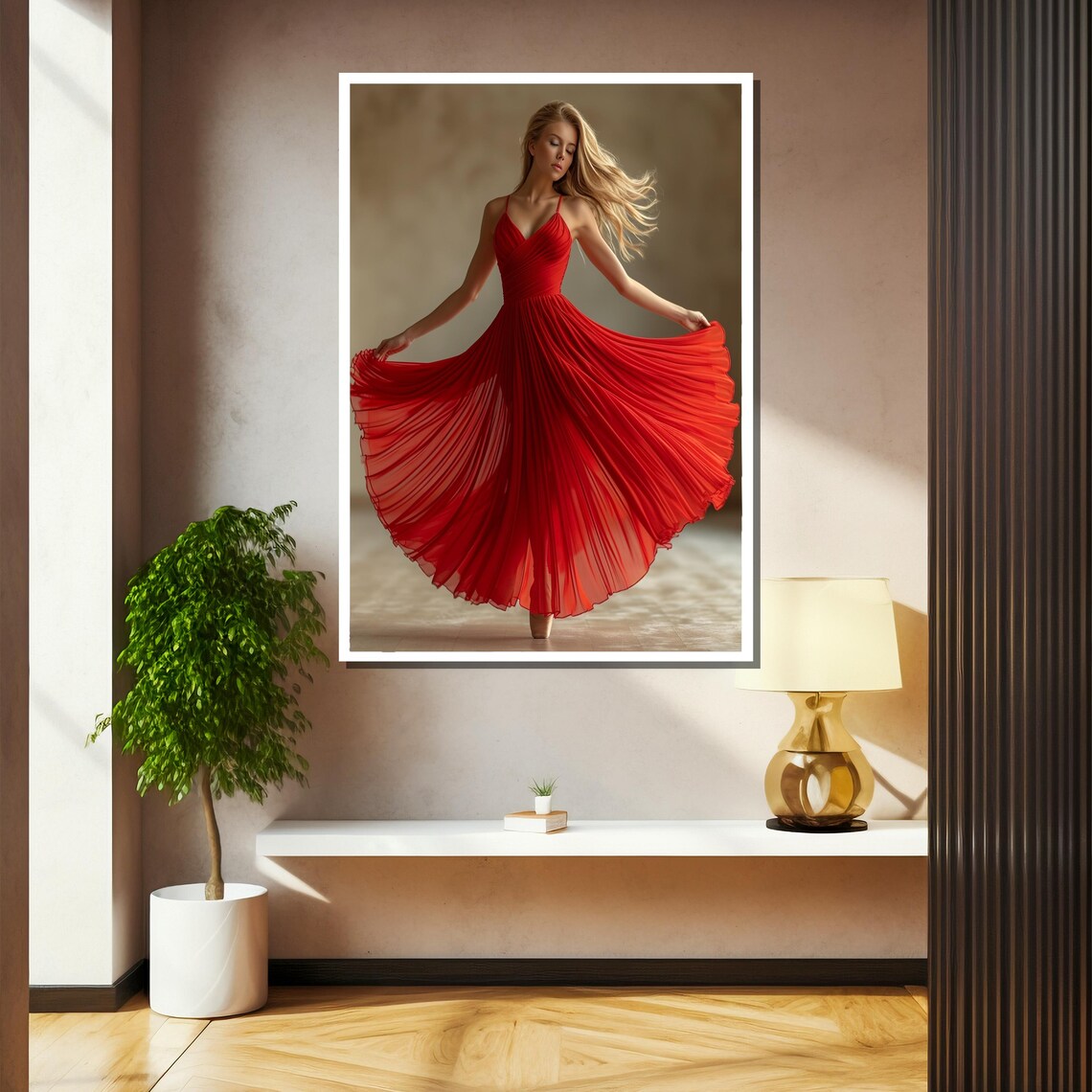 Blonde Woman Twirling Joyfully In A Flowing Red Dress Poster - Image 2
