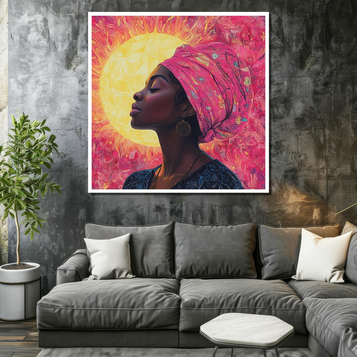 Radiant African Woman in Pink Headwrap Before Golden Sun Poster - Image 2