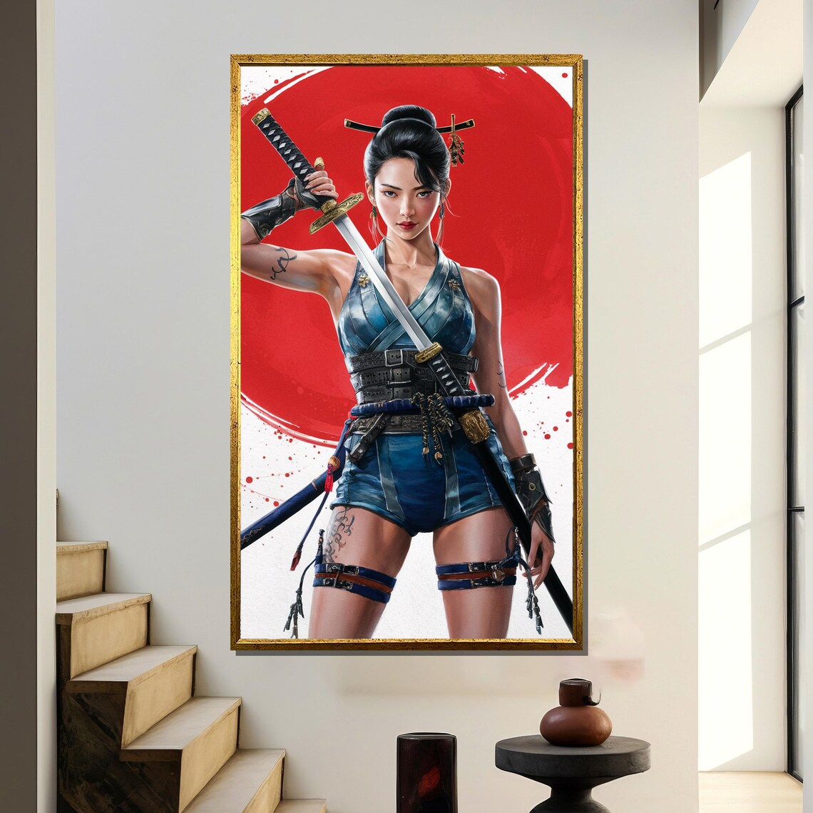 Fierce Female Samurai Warrior with Katana on Blazing Red Sun Poster