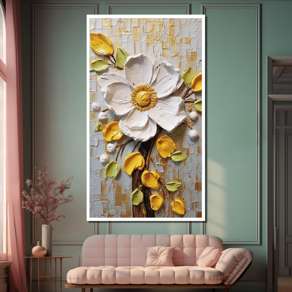 Elegant White Anemone Textured 3D Floral Painting Golden Wall Art - Image 2