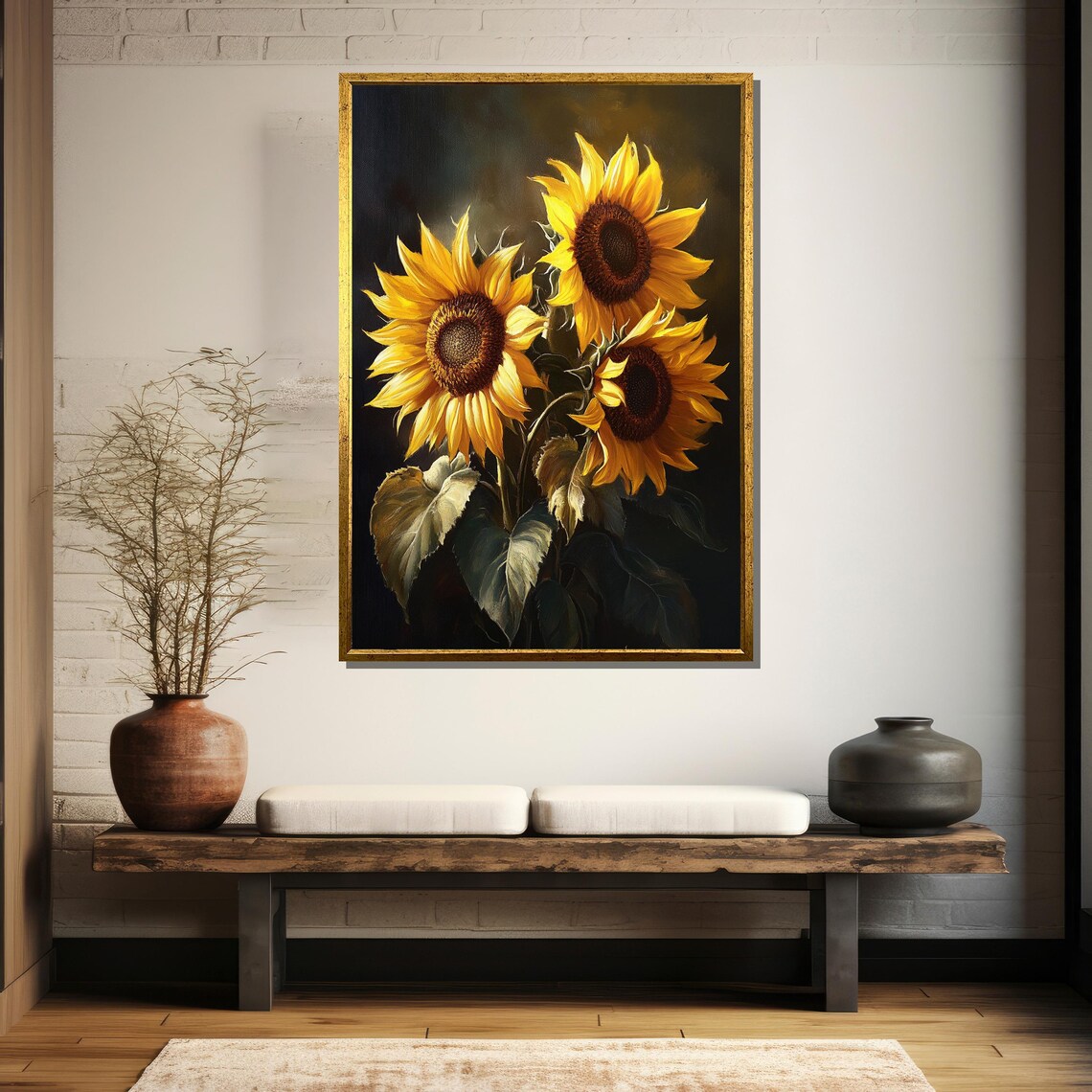 Classic Still Life Of Three Sunflowers On Dark Backdrop Poster - Image 5