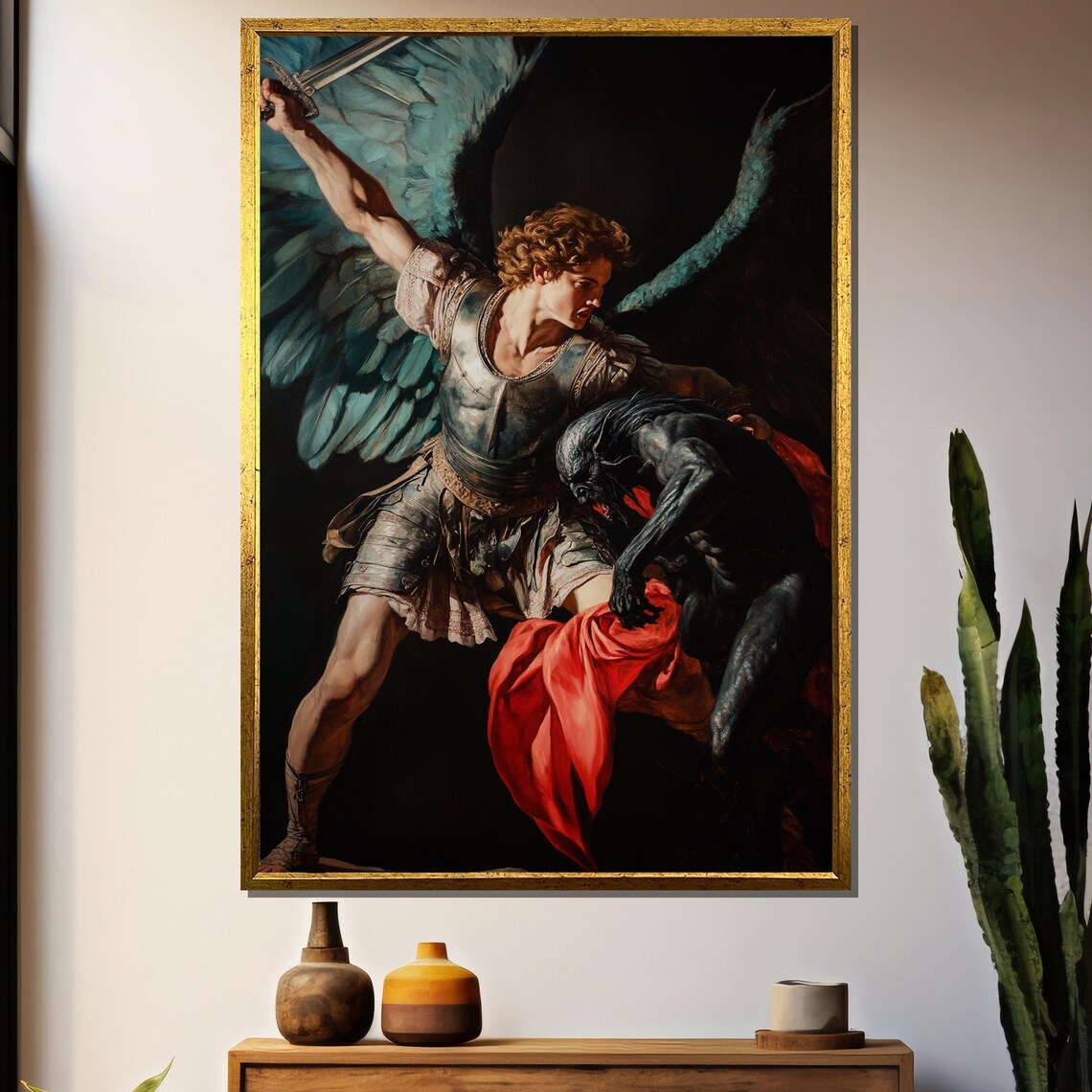 Angel Warrior Defeating Demon in Baroque Battle Religious Art Poster