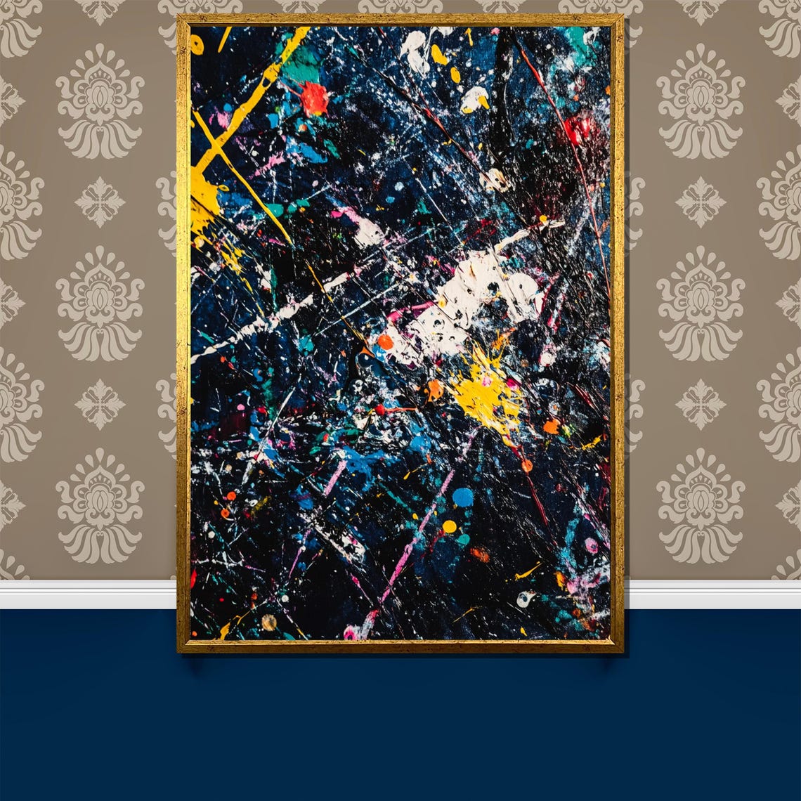 Navy Blue Splatter Paint On Midnight Dark Abstract Art Poster