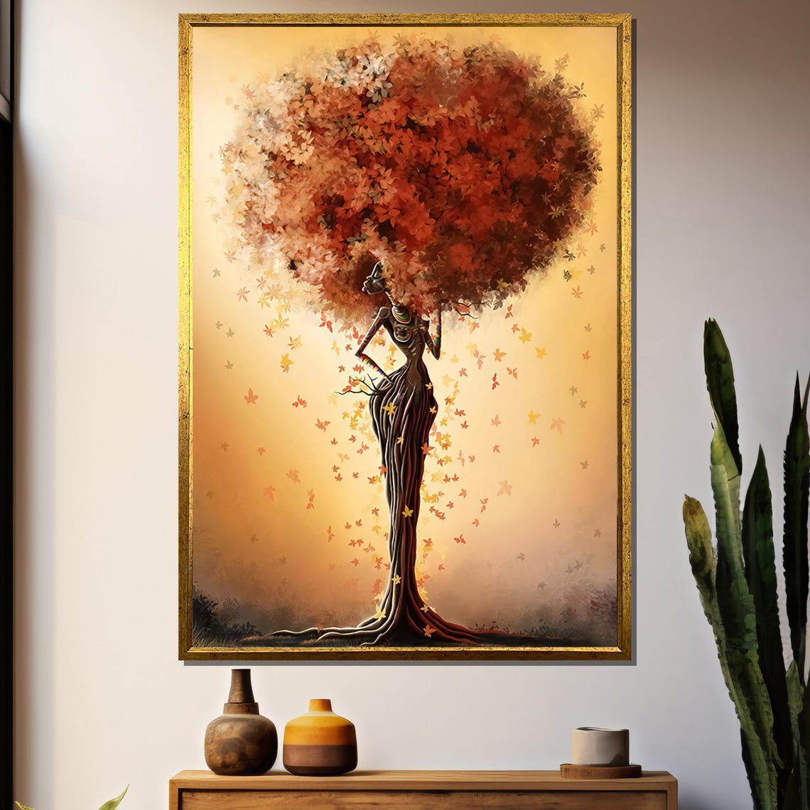 Elegant Autumn Tree Woman with Falling Leaves Nature Art Poster