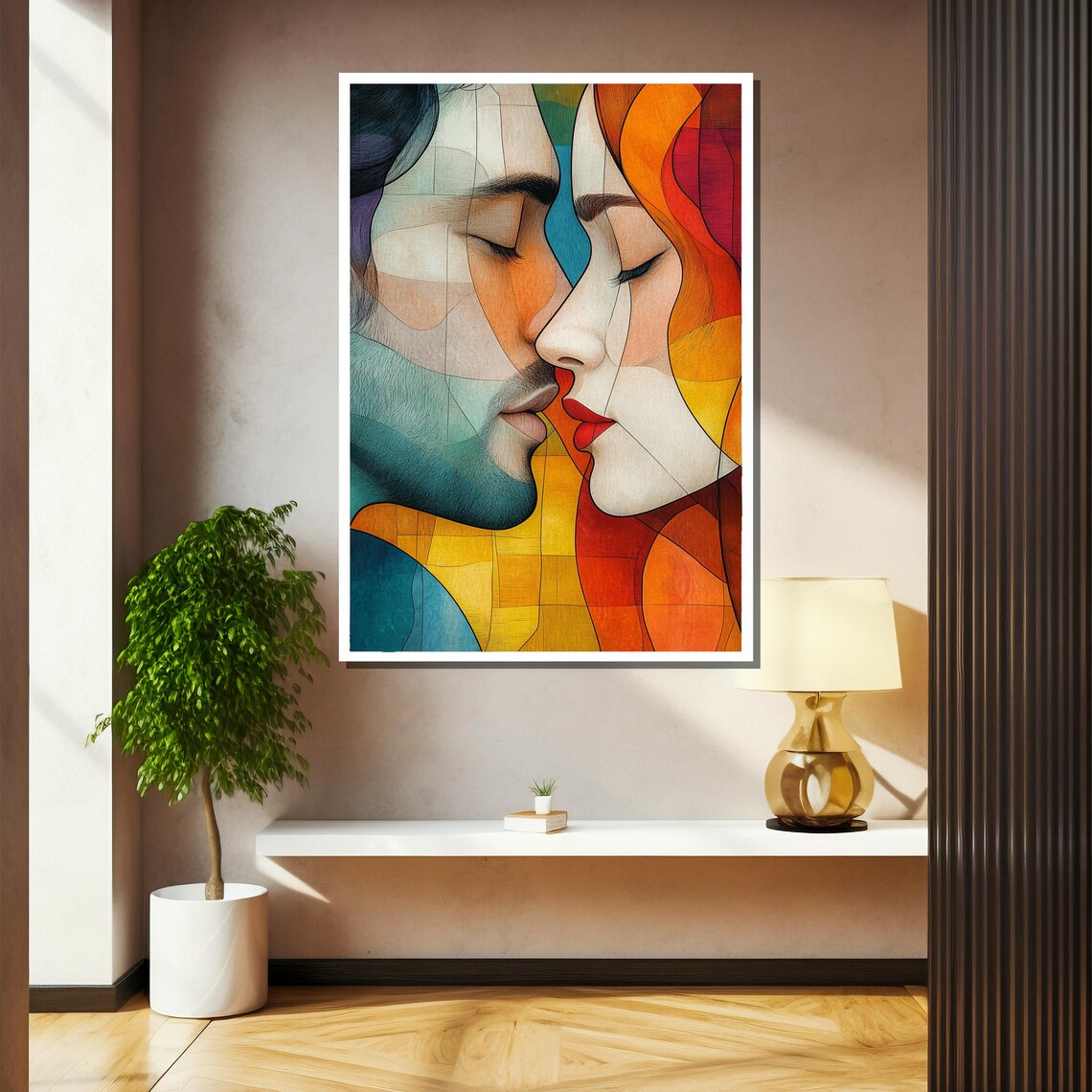 Abstract Couple Kiss in Stained Glass Warm Red and Teal Poster - Image 2