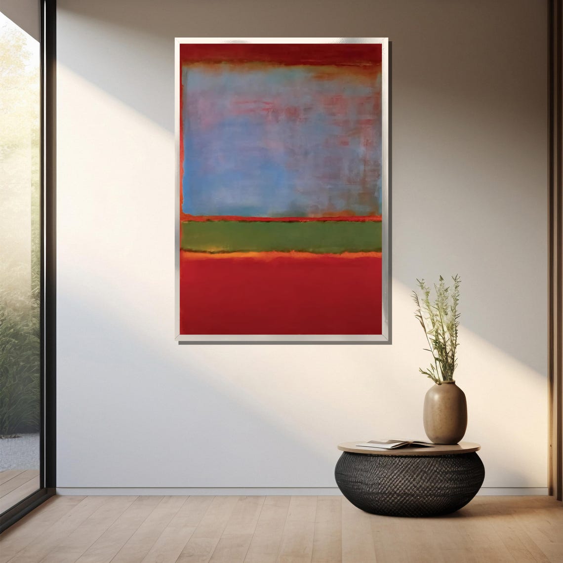 Misty Blue Gray Red And Green Horizon Bands Abstract Art Poster - Image 3