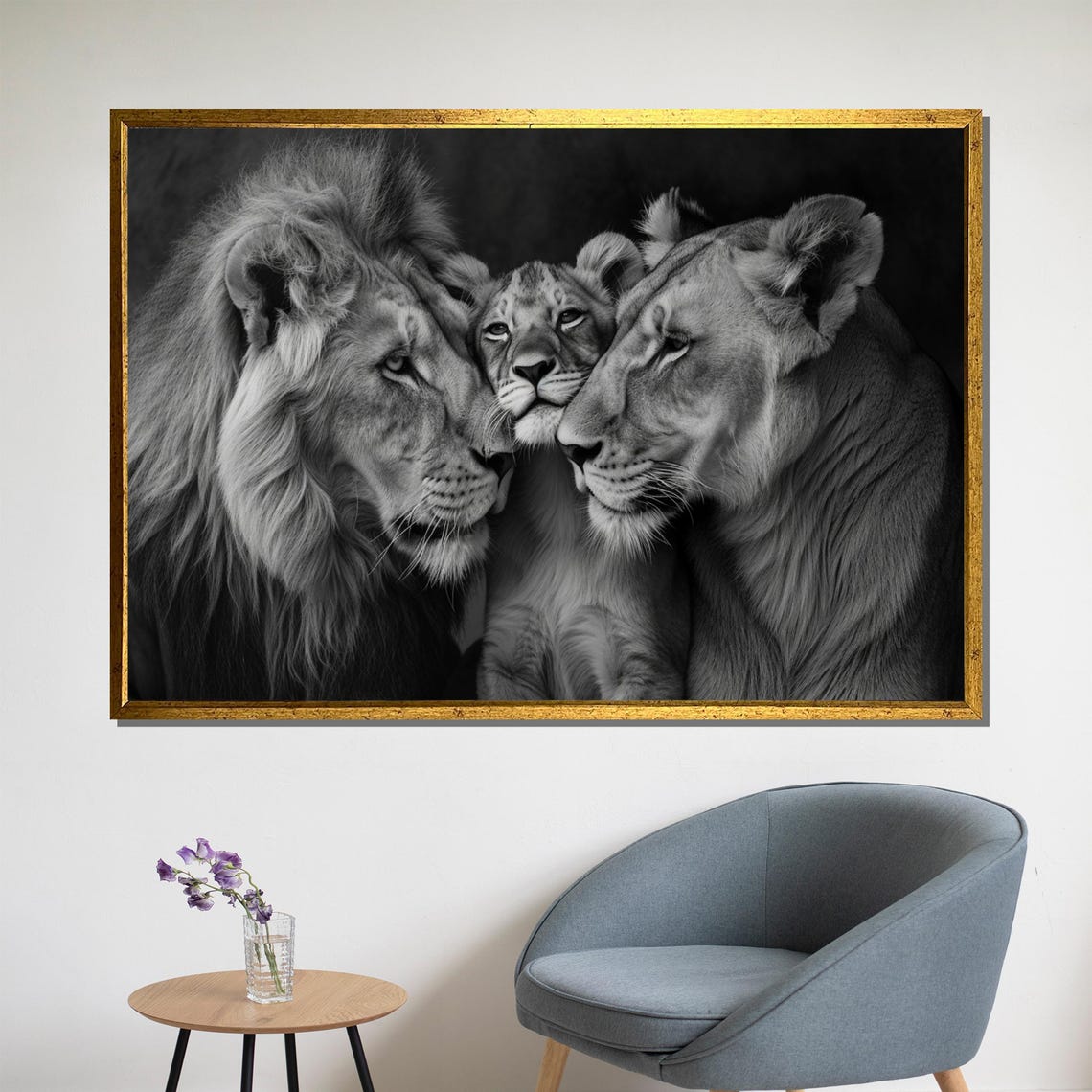 Black And White Lion Family Majestic Wildlife Portrait Poster